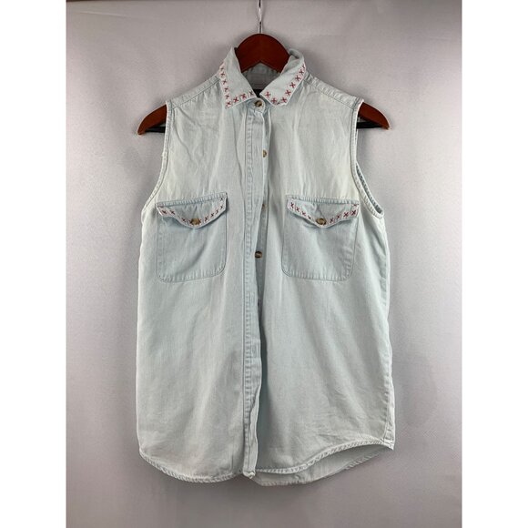 Vintage Sleeveless Denim Blouse With Red X Stitch Size M Solutions Brand - Picture 1 of 5